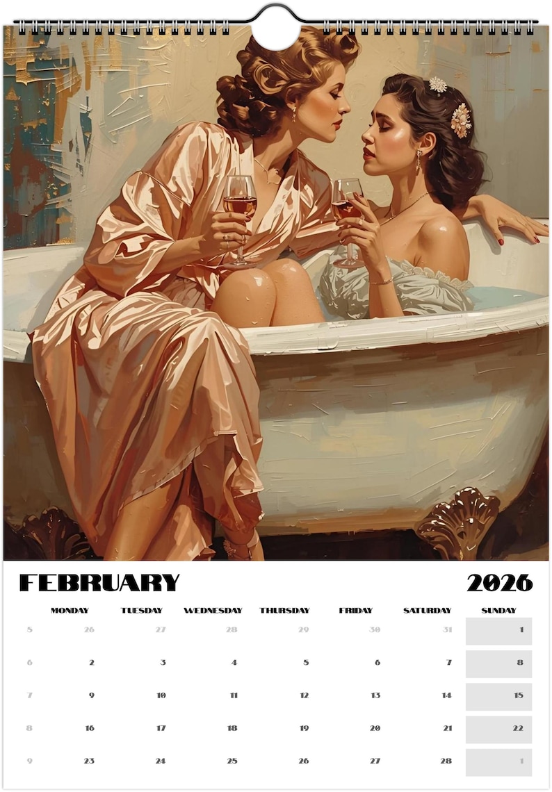 Vintage lesbian romance calendar with soft painterly art of women together. Elegant sapphic aesthetic wall décor in beige, blush, and gold hues for 2026.
