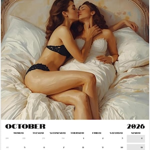 May include: A calendar page for October 2026 featuring an artistic depiction of two women embracing on a bed. One woman wears black lingerie, the other a white dress. The calendar grid is at the bottom.