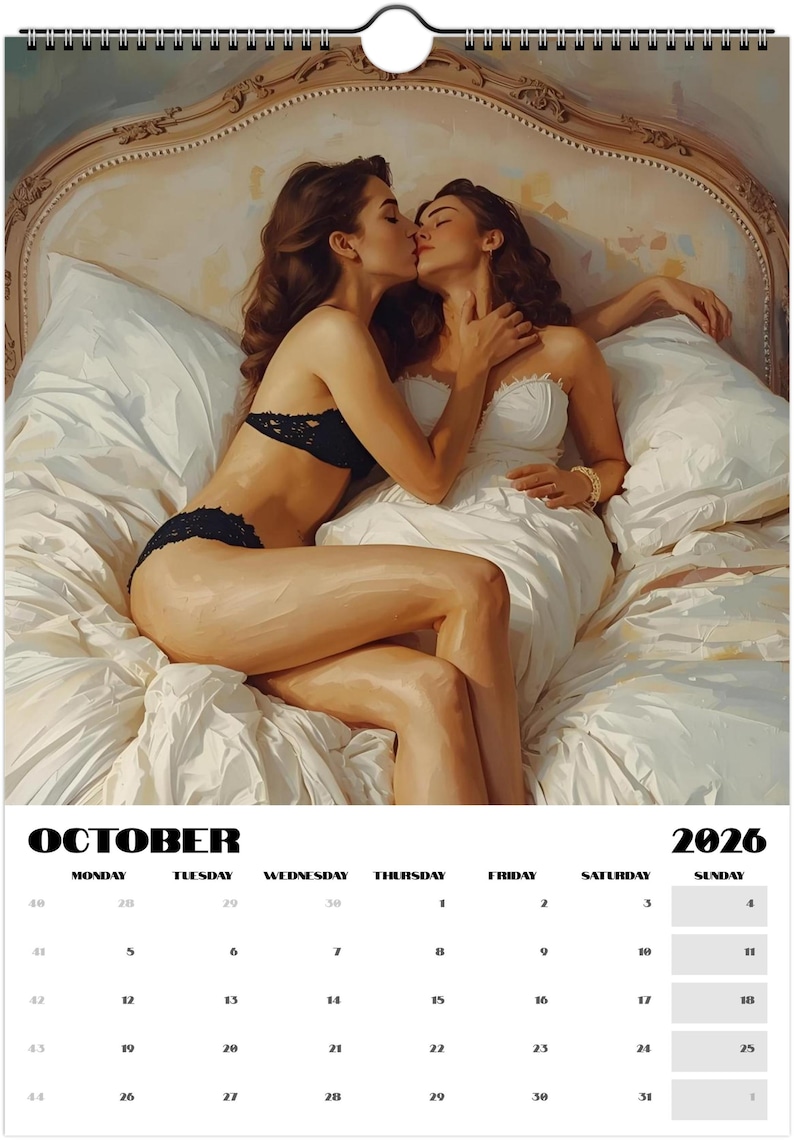 May include: A calendar page for October 2026 featuring an artistic depiction of two women embracing on a bed. One woman wears black lingerie, the other a white dress. The calendar grid is at the bottom.