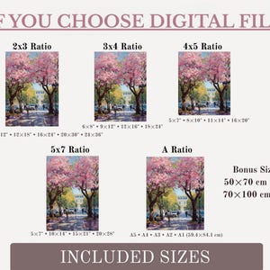 May include: Digital file print options are shown, including 2x3, 3x4, 4x5, 5x7, and A ratios. The image is a street scene with pink blossom trees. Bonus sizes include 50x70 cm and 70x100 cm.