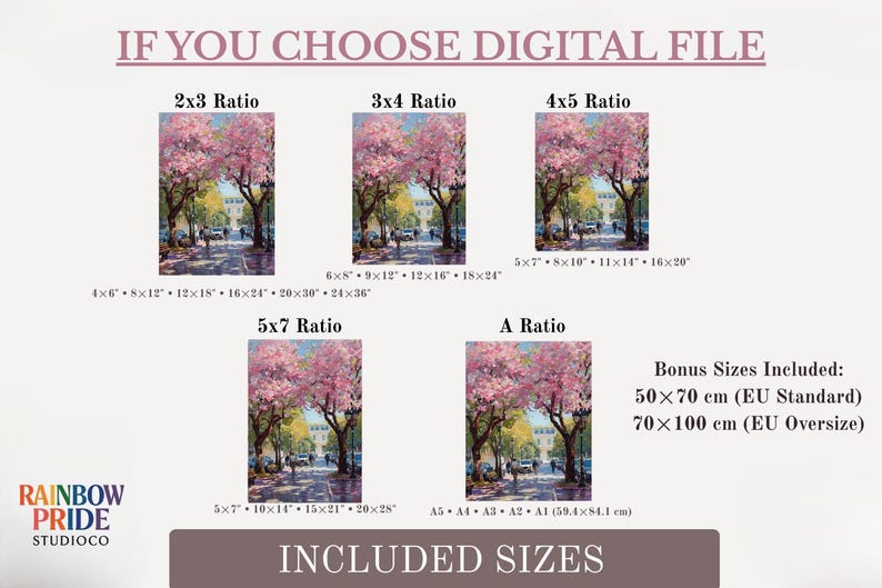 May include: Digital file print options are shown, including 2x3, 3x4, 4x5, 5x7, and A ratios. The image is a street scene with pink blossom trees. Bonus sizes include 50x70 cm and 70x100 cm.