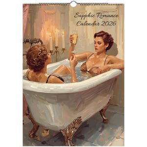 Sapphic Romance Calendar 2026 featuring vintage-style lesbian art in warm romantic tones. Fine-art wall calendar celebrating queer love and intimacy through feminine paintings.