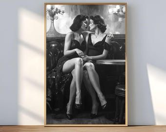 Lesbian Couple Art Velvet Night |  Black & White Posters | Sapphic Vintage Photography Print | Feminist Wall Decor | WLW Romantic Retro Gift
