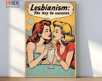 Lesbianism The Key to Success Digital Print | Retro Comic Lesbian Art | Queer Feminist Wall Art | Sapphic Vintage Poster | LGBTQ Pride Decor