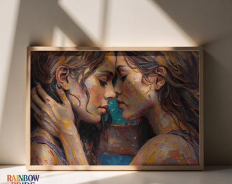 Lesbian Couple "Whisper of Love" Wall Art | Sapphic Impasto Painting | Queer Love Poster | Emotional Feminine Print | WLW Bedroom Decor