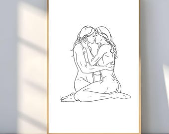 Póster de arte lineal sáfico | Arte mural minimalista de pareja lesbiana | Póster digital WLW | Estética queer, decoración lésbica para el hogar, amor lésbico