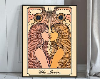 Lesbian Tarot Poster | The Lovers Mural | Sapphic Art Print | Queer Wall Art | LGBTQ+ decoration | Vintage Printable Art | WLW Wall Art