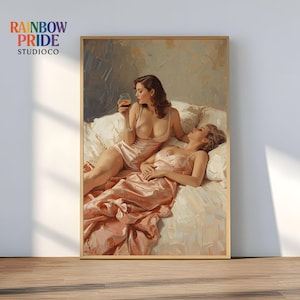 Lesbian Couple Wall Art , Soft Wine Evening | Sapphic Romantic Poster | WLW Bedroom Decor | Feminine Emotional Oil Painting Print & Digital