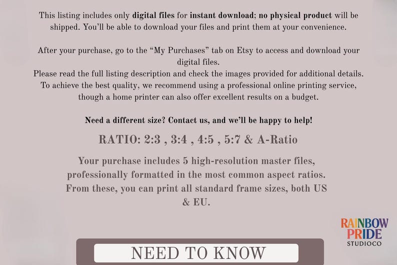 May include: Text on a light brown background details that this listing is for digital files for instant download. It mentions aspect ratios, file sizes, and where to access the files. The Rainbow Pride StudioCo logo is in the bottom right.