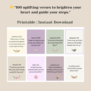 Può includere: Download digitale stampabile con 100 versetti biblici edificanti. L'immagine mostra otto schede con citazioni ispiratrici e accenti floreali. Il testo include "100 versetti edificanti per illuminare il tuo cuore e guidare i tuoi passi."
