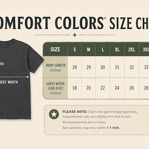 Pode incluir: Uma camiseta Comfort Colors cinza escuro com uma tabela de tamanhos. A tabela mostra as medidas de comprimento do corpo e largura do peito em polegadas para os tamanhos S a 5XL. O texto "COMFORT COLORS SIZE CHART" est&aacute; no topo.