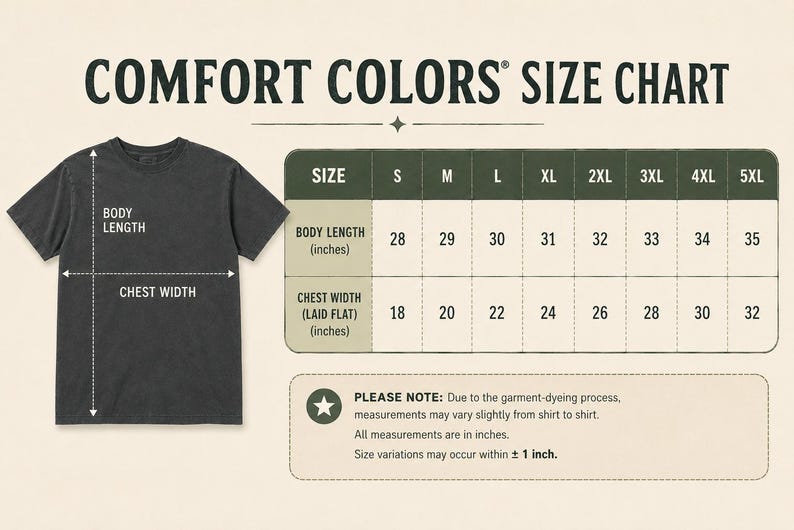Pode incluir: Uma camiseta Comfort Colors cinza escuro com uma tabela de tamanhos. A tabela mostra as medidas de comprimento do corpo e largura do peito em polegadas para os tamanhos S a 5XL. O texto "COMFORT COLORS SIZE CHART" est&aacute; no topo.