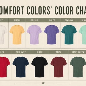 Pode incluir: Um gr&aacute;fico de cores mostrando camisetas Comfort Colors em v&aacute;rios tons. O gr&aacute;fico inclui cores como Pepper, Ivory, Butter, Orchid, Violet, Seafoam, Island Reef, Bay, Blossom, Red, True Navy, Black, Brick, Light Green e White.