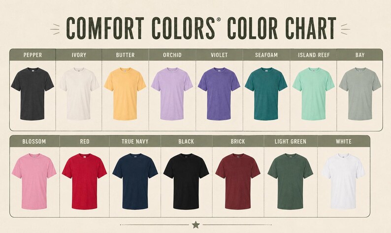 Pode incluir: Um gr&aacute;fico de cores mostrando camisetas Comfort Colors em v&aacute;rios tons. O gr&aacute;fico inclui cores como Pepper, Ivory, Butter, Orchid, Violet, Seafoam, Island Reef, Bay, Blossom, Red, True Navy, Black, Brick, Light Green e White.