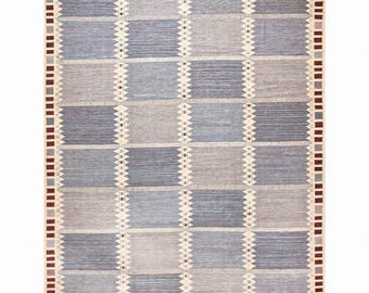 May include: Rectangular area rug with a geometric pattern in shades of blue and gray. The rug features a repeating block design with alternating light and dark blue squares, accented by white and brown borders.