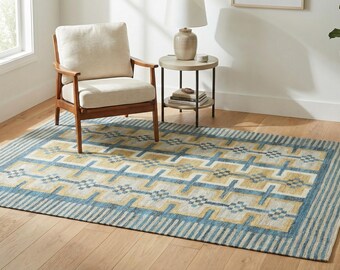 Blue Mustard Kilim Rug – Scandinavian Geometric Wool Flatweave Carpet