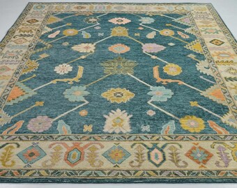 Dark Green Beige Oushak Hand Knotted Wool Rug, Living Room Area Rug