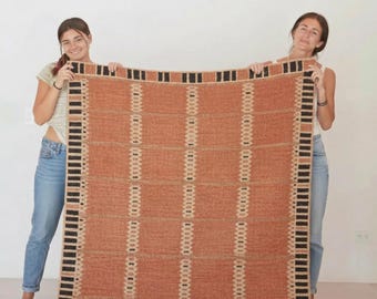 Terracotta Scandinavian Flatweave Rug – Handwoven Geometric Wool Area Rug with Cream Stripes & Nordic Border Design