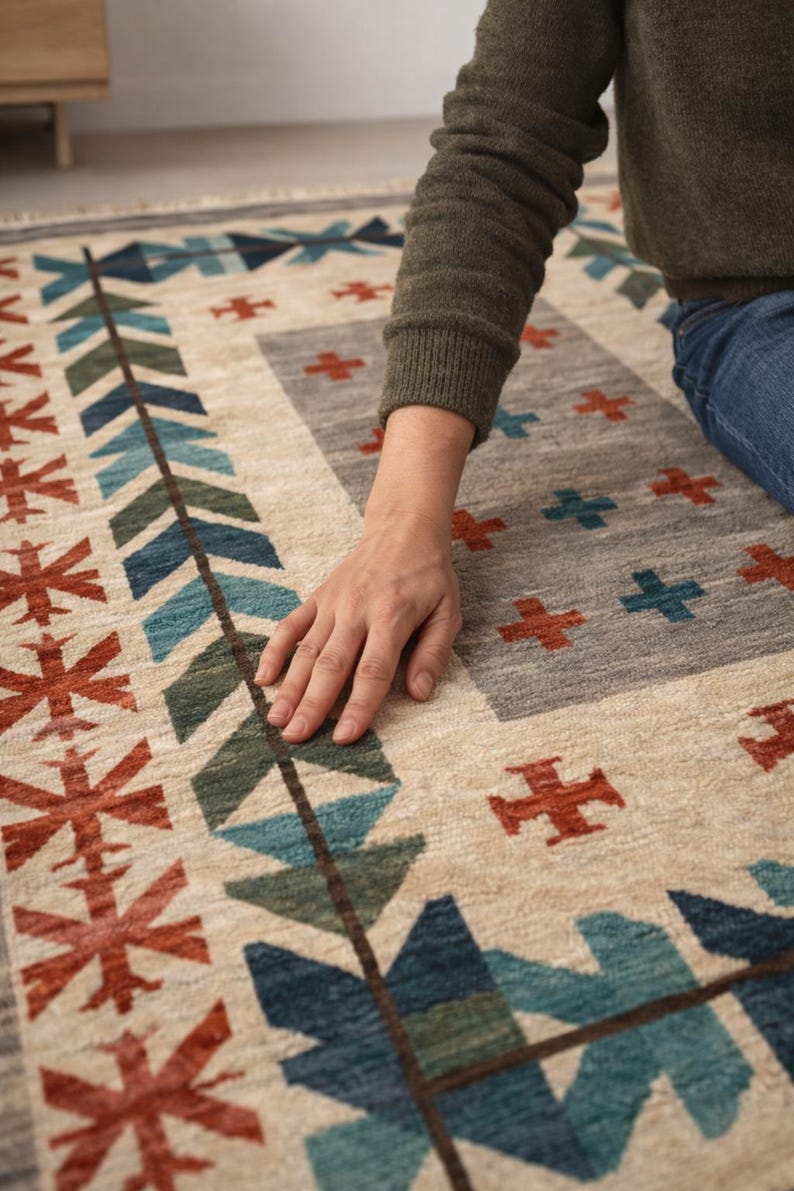 Puede incluir: Una alfombra rectangular con fondo beige y patrones geom&eacute;tricos en azul, verde y rojo. La alfombra presenta una secci&oacute;n central gris con dise&ntilde;os en forma de cruz. La alfombra est&aacute; hecha de material tejido.