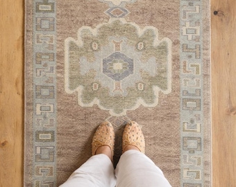 Hand Knotted Wool Runner Rug, Muted Oushak Turkish Design
