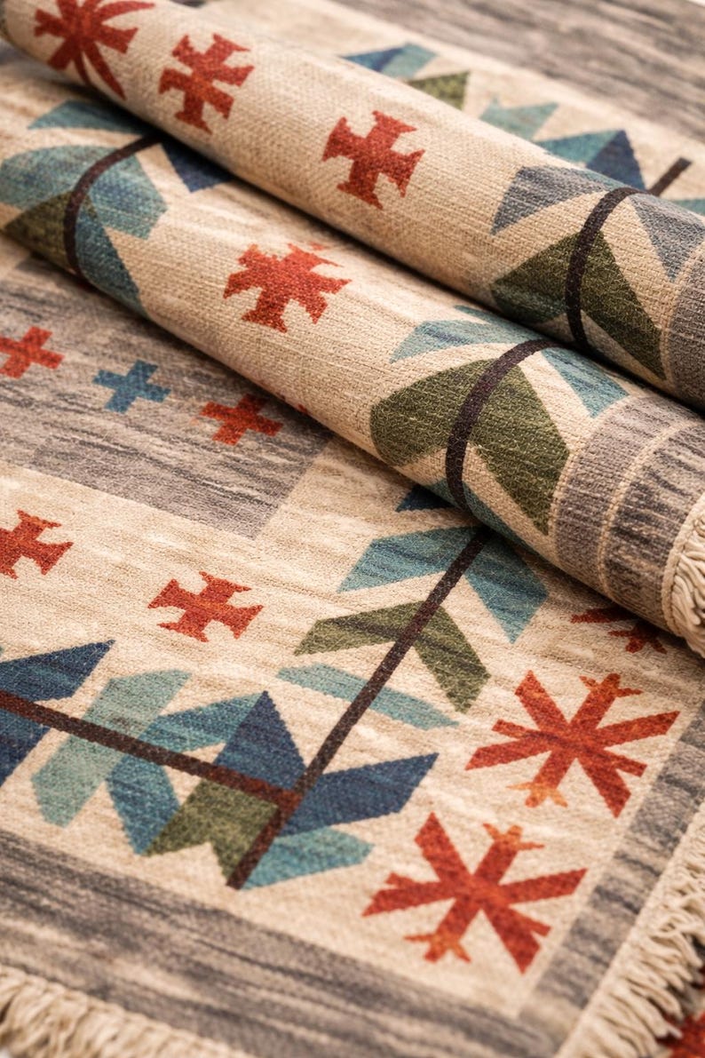 Puede incluir: Alfombra beige enrollada con un patr&oacute;n geom&eacute;trico. El dise&ntilde;o incluye cruces rojas, hojas estilizadas azules y verdes y formas rectangulares grises. La alfombra tiene un borde con flecos.