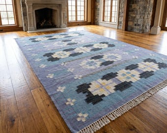 Alfombra Dhurrie escandinava azul, Kilim tejido a mano de trama plana, patrón geométrico sueco, alfombra de lana, decoración nórdica bohemia