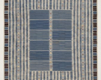 Alfombra Kilim azul tejida a mano al estilo sueco / Patrón geométrico escandinavo / Alfombra nórdica de tejido plano / Alfombra minimalista moderna