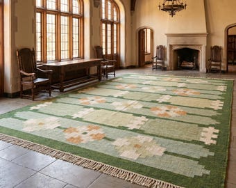 8x10 Vintage Swedish Flatweave Rug | Handwoven Wool Kilim | Sage Green & Cream Scandinavian Carpet