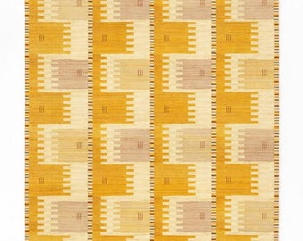 Alfombra Kilim amarilla de inspiración sueca: tejida a mano en lana y algodón, con diseño geométrico escandinavo, 4x6