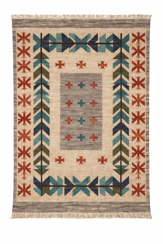Handmade Geometric Kilim Rug – Neutral Beige with Blue & Rust Accents | Flatweave Wool Area Rug