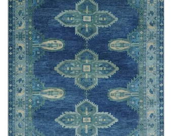 Alfombra de lana anudada a mano: estilo antiguo Indo Oushak, azul verdoso