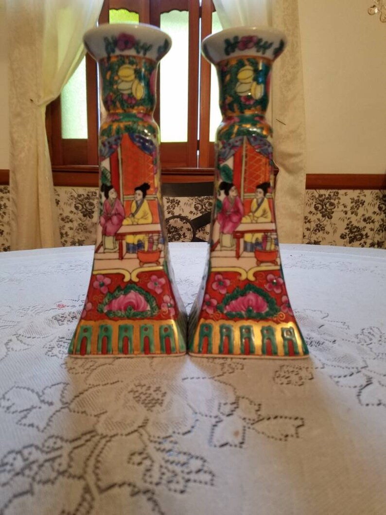 2 Rose Medallion candlesticks holders 11820