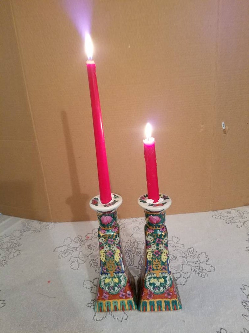 2 Rose Medallion candlesticks holders 11820
