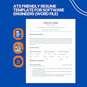 May include: A white resume template for software engineers with the text "ATS FRIENDLY RESUME TEMPLATE FOR SOFTWARE ENGINEERS (WORD FILE)". The resume includes sections for professional summary, technical skills, and experience.