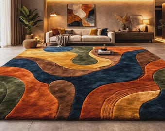 Tapete abstrato, tapete moderno com formas orgânicas, tapete colorido para sala de estar, decoração geométrica retrô para piso, tapete de design contemporâneo.