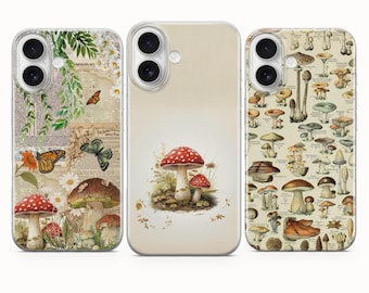 Mushroom Phone Case Vintage and Cottagecore Cover – Fungi Design for iPhone 17 16 15 14 13 12 11 Samsung S25 Fe S24 A16 S23 A17 A56 Pixel 10