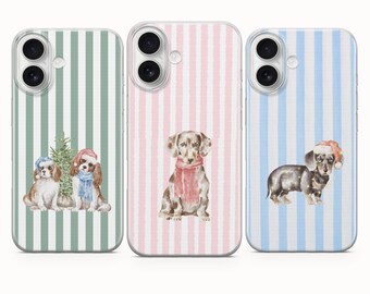 Christmas Dog Phone Case, Striped Cover - iPhone 17 Pro Max 16 15 14 13 12 11, Samsung Galaxy S25 Fe A16 S23 A17 A56, Pixel 10 9