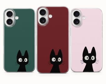 Black Cat Cute Phone Case, Japanese Kitty Cover - iPhone 17 Pro Max 16 15 14 13 12 11, Samsung Galaxy S25 Fe A16 S23 A17 A56, Pixel 10 9