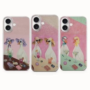 Peut inclure: Trois coques de téléphone avec une illustration fantaisiste d'oies portant des lunettes de soleil et des chapeaux, sirotant des cocktails au bar. Les coques présentent un fond rose et beige avec des accessoires de bar.