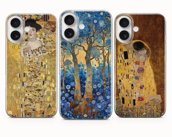 May include: Three phone cases featuring art by Gustav Klimt. The cases display iconic paintings: a portrait in gold, a blue forest scene, and a depiction of a couple embracing. The cases are designed to fit a smartphone.