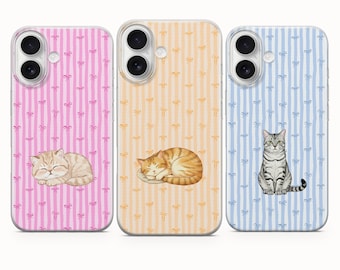 Striped Cat Phone Case, Coquette Cover - iPhone 17 Pro Max 16 15 14 13 12 11, Samsung Galaxy S25Fe A16 S23 A17 A56, Pixel 10 Pro