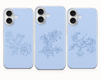 Flower & Minimalist Phone Case, Blue Cover - iPhone 17 Pro Max 16 15 14 13 12 11, Samsung Galaxy S25Fe A16 S23 A17 A56, Pixel 10 Pro