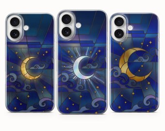Stained Glass Moon Phone Case, Celestial Cover - iPhone 17 Pro Max 16 15 14 13 12 11, Samsung Galaxy S25 Fe A16 S23 A17 A56, Pixel 10 9