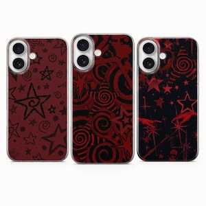 Peut inclure: Trois coques de téléphone avec des motifs uniques. Les coques présentent divers motifs, notamment des étoiles, des spirales et d'autres formes abstraites en rouge et noir. Les coques sont conçues pour un smartphone.