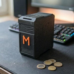 Op de afbeelding: Zwarte rechthoekige spaarpot met een oranje 'M' op de voorkant. De spaarpot heeft een gleuf aan de bovenkant voor het plaatsen van munten of biljetten. Er liggen verschillende munten verspreid voor de doos. Een toetsenbord en monitor staan op de achtergrond.