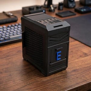 Puede incluir: Una torre de ordenador compacta de color negro con un panel lateral perforado, una rejilla de ventilación superior y un emblema azul con la letra E centrado en el panel frontal. El chasis tiene un diseño vertical rectangular con detalles.