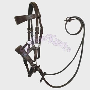 Op de afbeelding: Een donkerbruin lederen paardenhoofdstel met zilverkleurige metalen gespen, ringen en beslag. Het kopstuk en de neusriem zijn voorzien van subtiele in reliëf aangebrachte bloemmotieven. Lange bijpassende lederen teugels zijn aan de bitringen bevestigd.