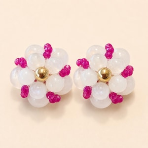 Pendientes de botón con forma de flor de rubí y piedra lunar blanca, pendientes de poste con racimo de piedras preciosas barrocas vintage, regalo llamativo hecho a mano con baño de oro de 18k para ella.