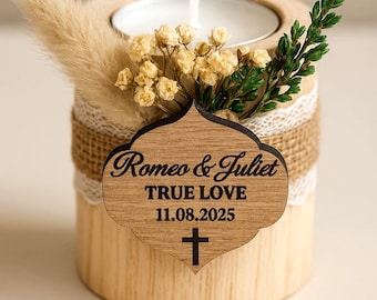 Personalized Wooden Candle Favor with Custom Name & Date, Rustic Wedding Keepsake Gift
