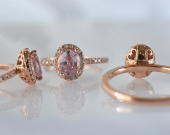 Handmade rose gold ring oval peach sapphire, untreated sapphire, diamonds engagement ring one carat sapphire Sku 892 ANN sapphire ring